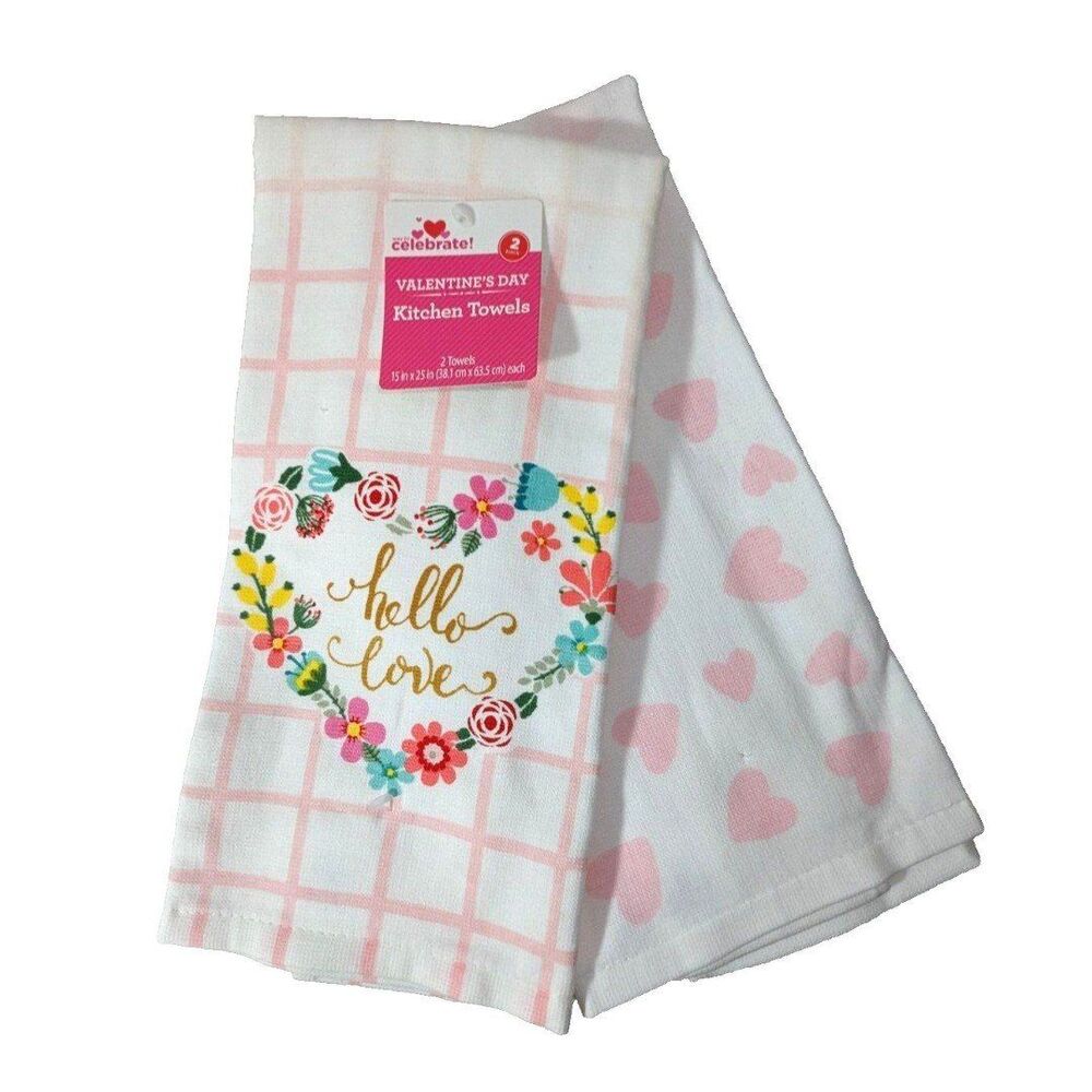 Hello Love Kitchen Towels Floral Heart Wreath Pink Cotton 2pc Valentine Gift NEW